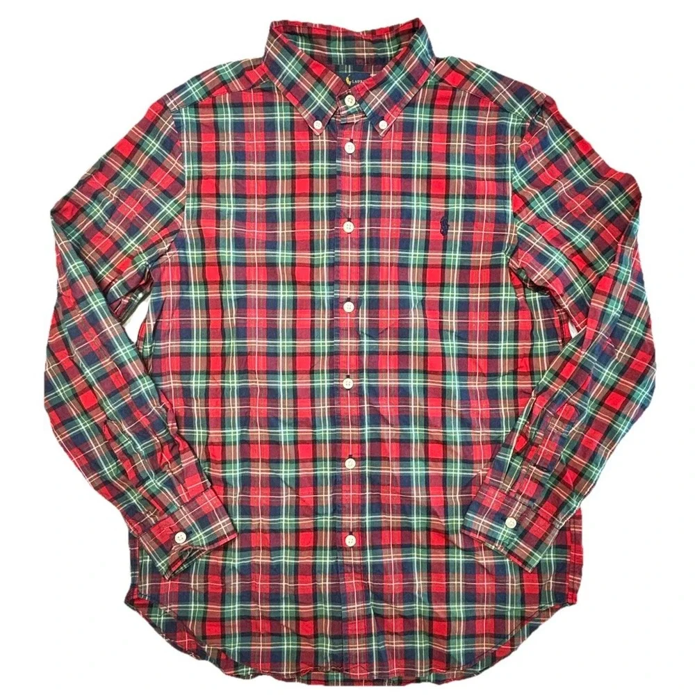 Ralph Lauren Plaid Button Down Shirt Youth L 14-16‎ Blue Green Red Pony Logo